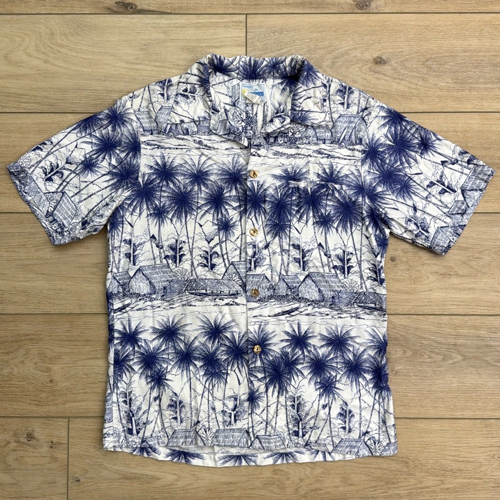 Vintage Andrade Hawaiian Shirt Blue White Palm Trees‎ Village Cotton